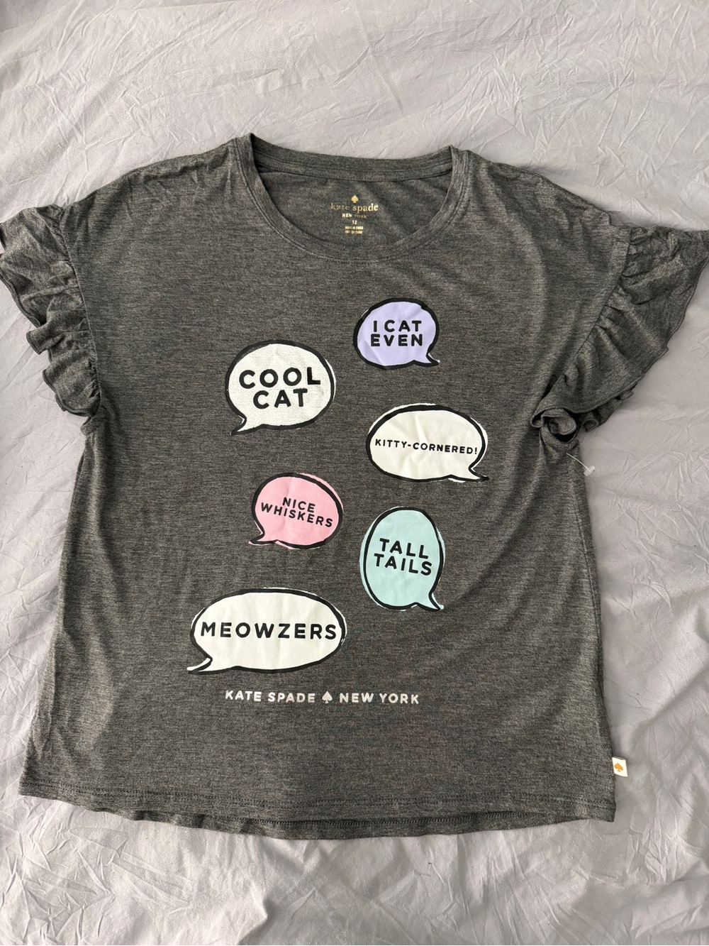 Kate Spade New York Girls “Cool Cat” Graphic Ruffle Sleeve Tee – NWOT | Size 12